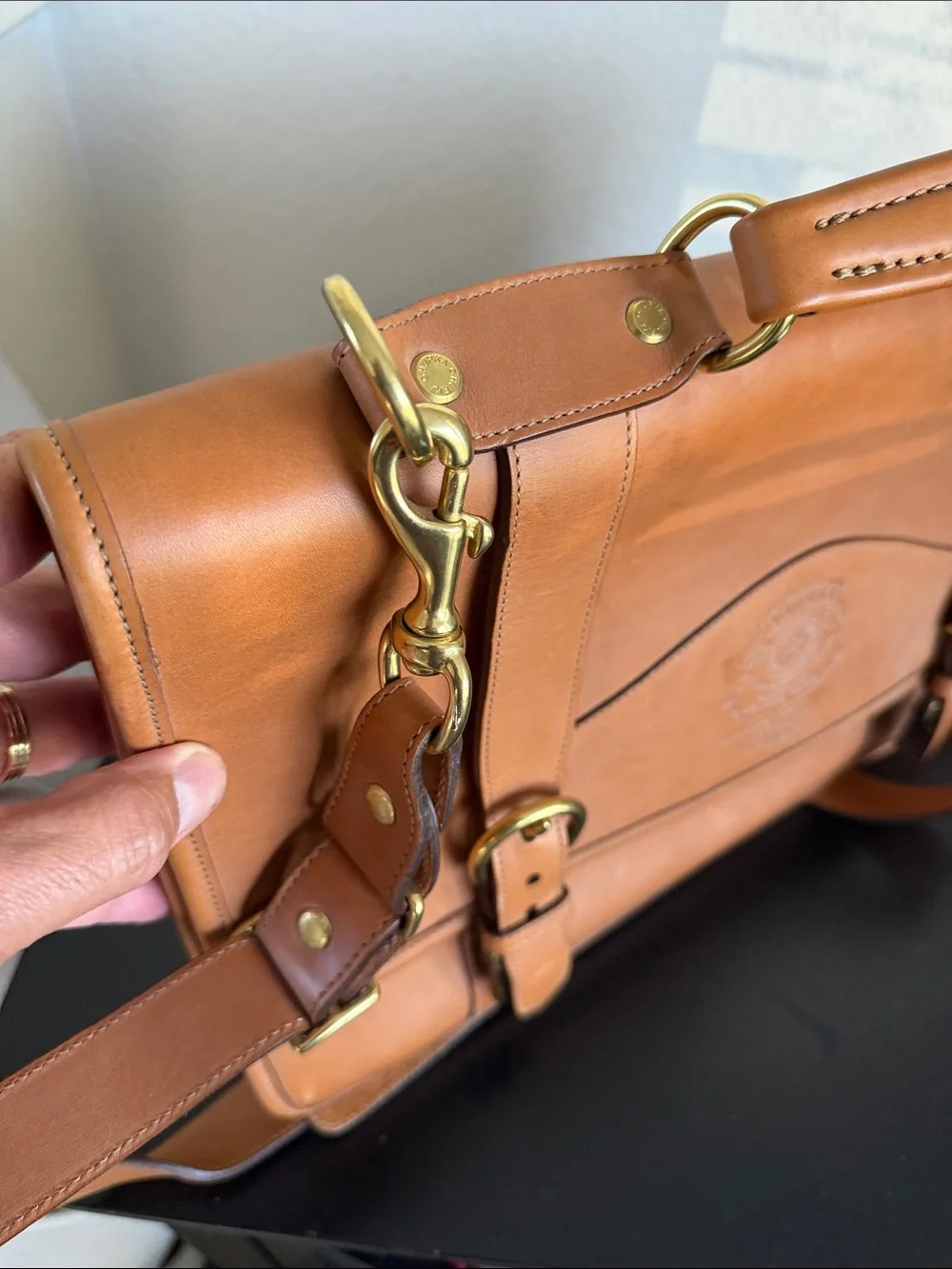 Ghurka Tan Leather Briefcase with Gold Brass Hardware